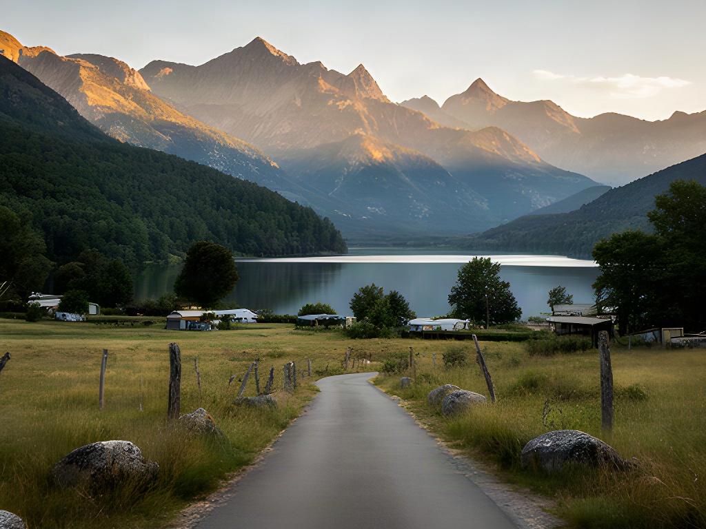 Camino rural de Aragón que conduce a un camping junto a un lago rodeado de montañas