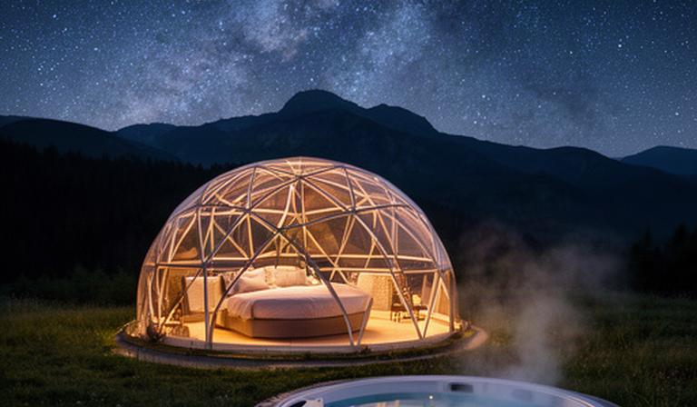 Domo geodésico transparente iluminado bajo un cielo estrellado, con cama redonda y jacuzzi exterior