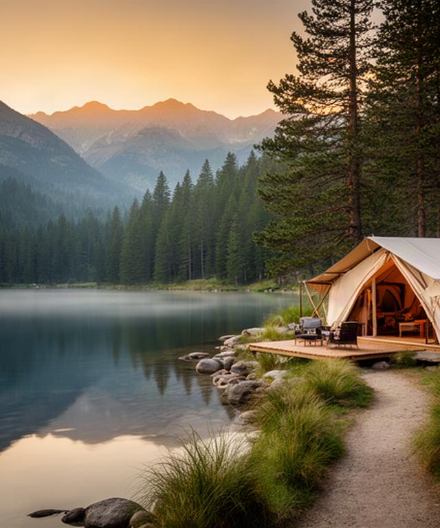 Tienda safari junto a un lago del Pirineo al atardecer, rodeada de pinos
