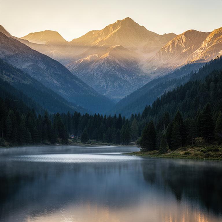 Lago de montaña rodeado de pinos y cumbres del Pirineo aragonés al amanecer